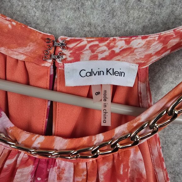 Calvin Klein Womens Halter Neck Dress Coral Pink Orange Abstract Chain Detail - Picture 4 of 7